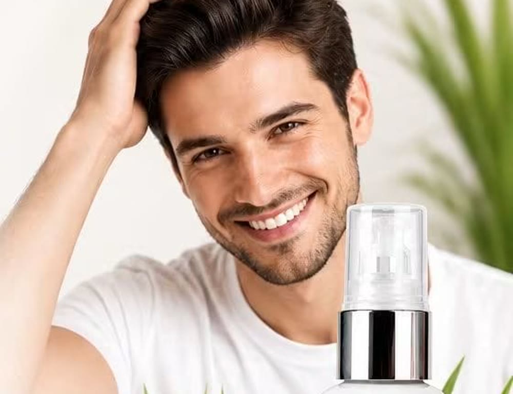 Hombre sonriendo junto al sérum Spectral Men's